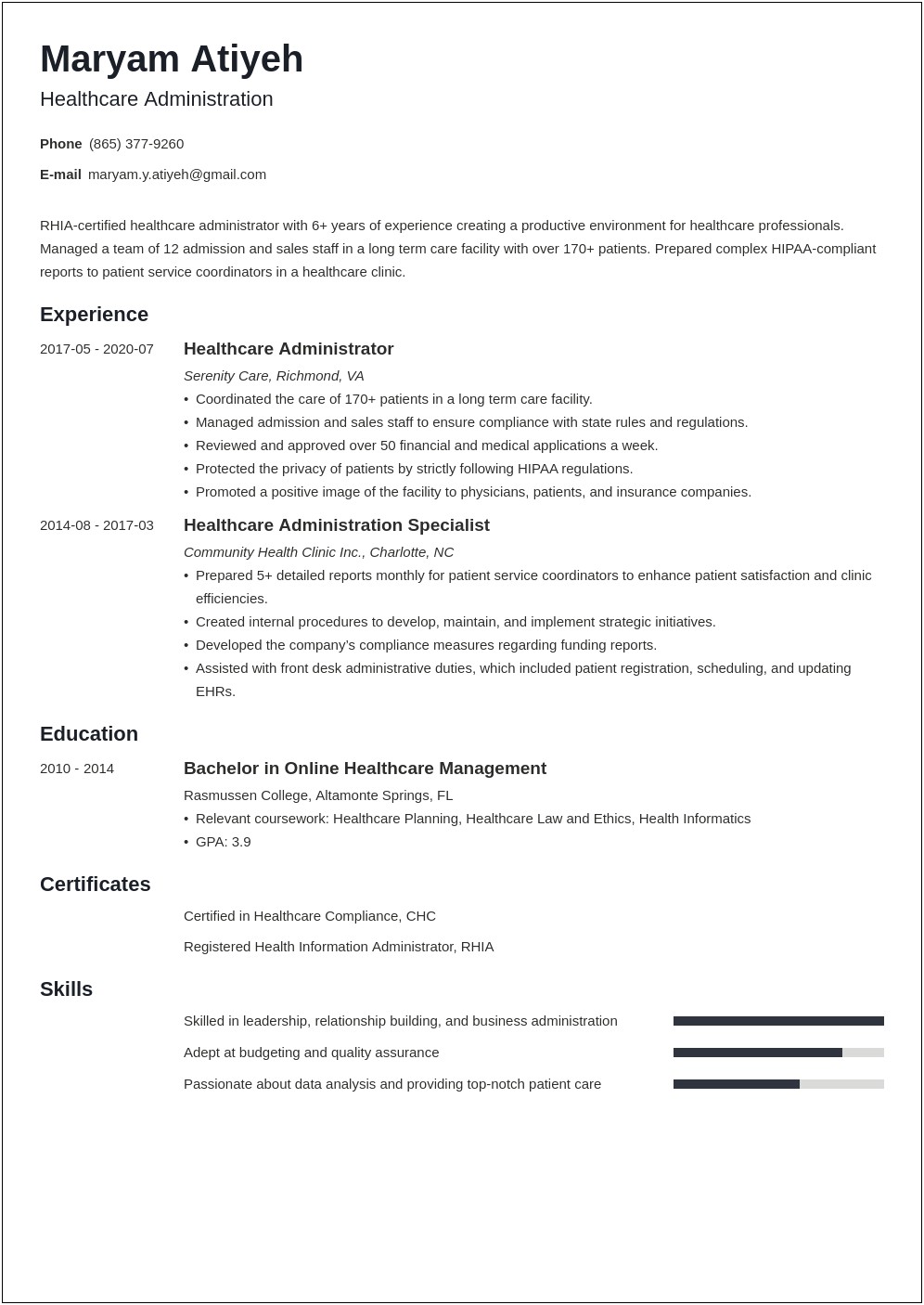 Health Information Management Resume No Experience