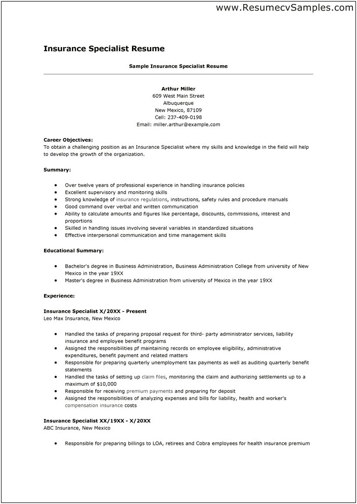 Health Insurance Agent Job Description For Resume