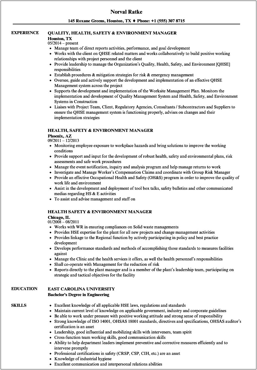 Health Safety And Environment Job Resume