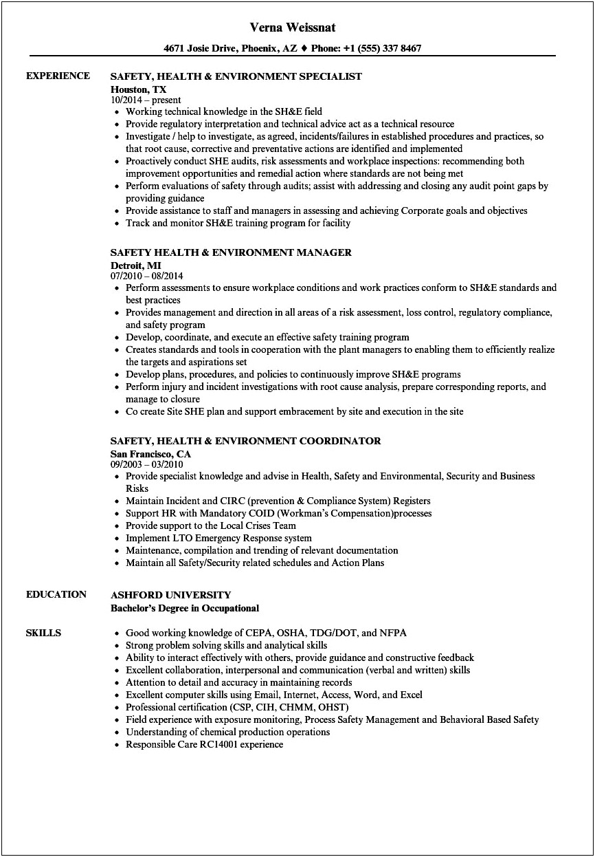 Health Safety And Environment Role Resume Sample