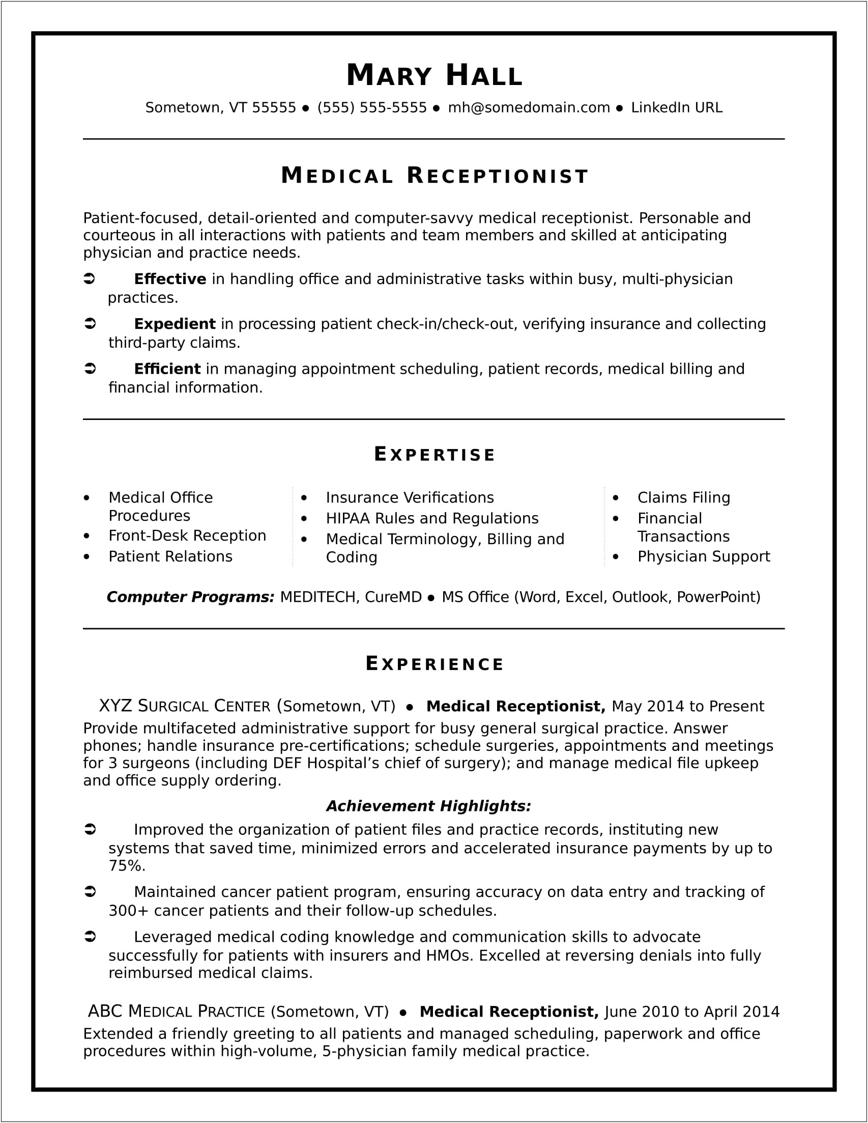 Healthcare Administration Sample Resume Out Of College