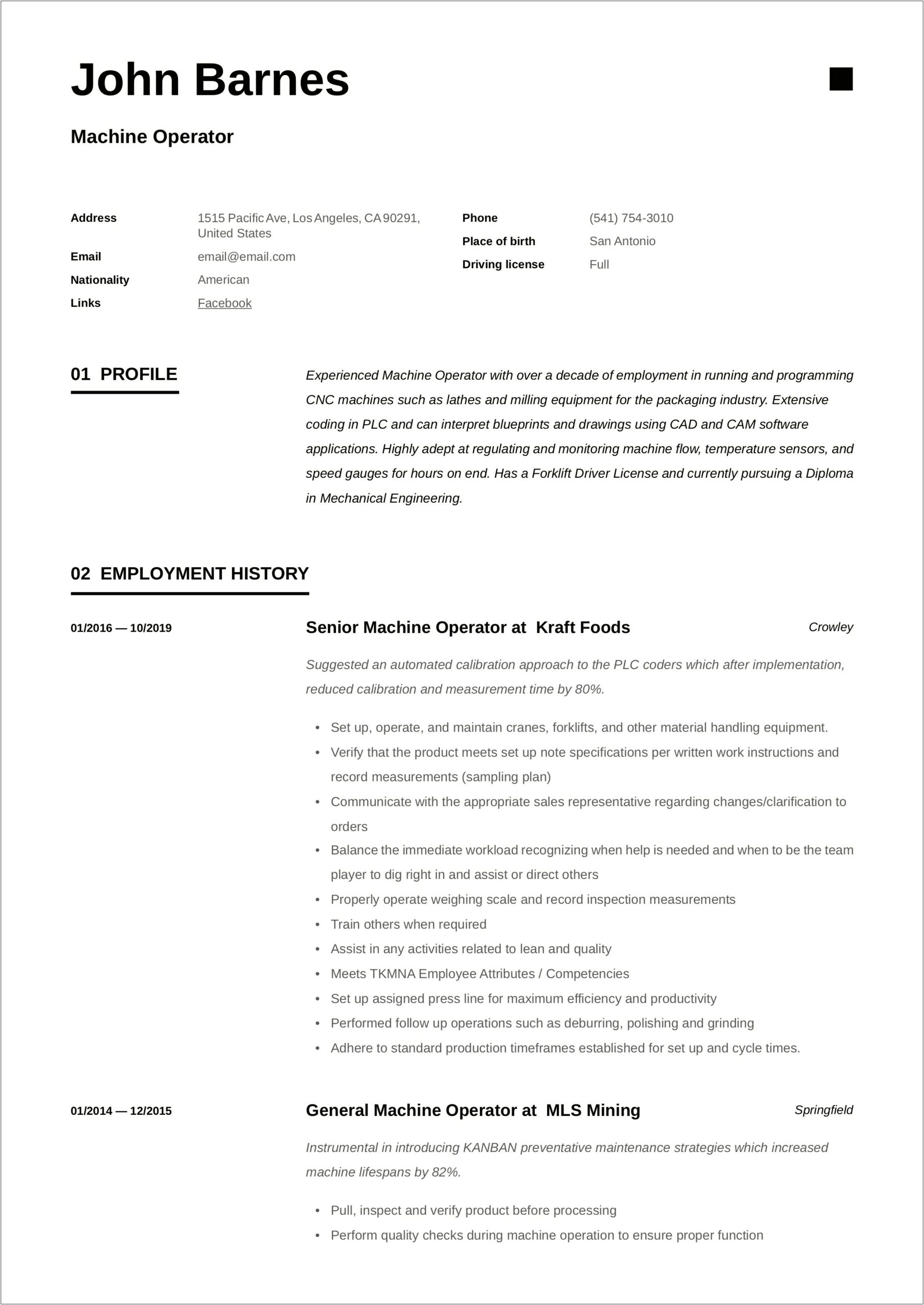 Heavy Equipment Operator Job Description Resume