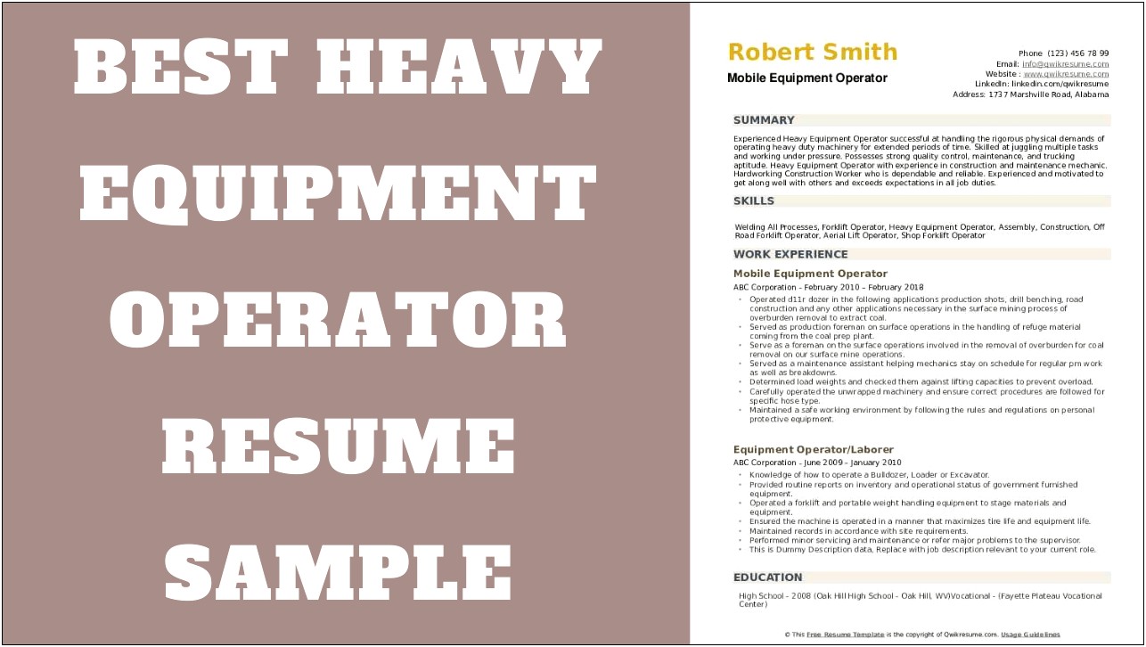 Heavy Equipment Operator Skills For Resume