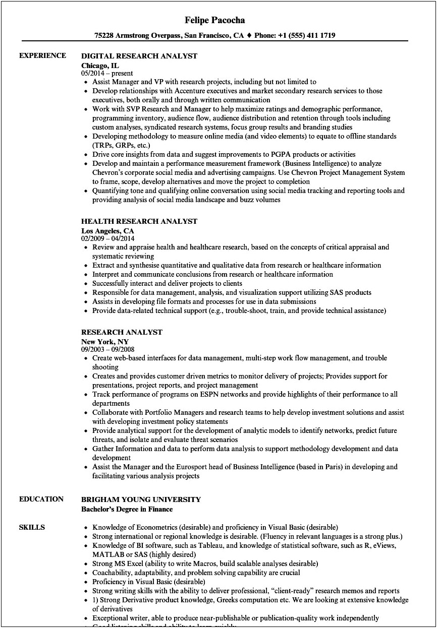 Hedge Fund Research Analyst Sample Resume