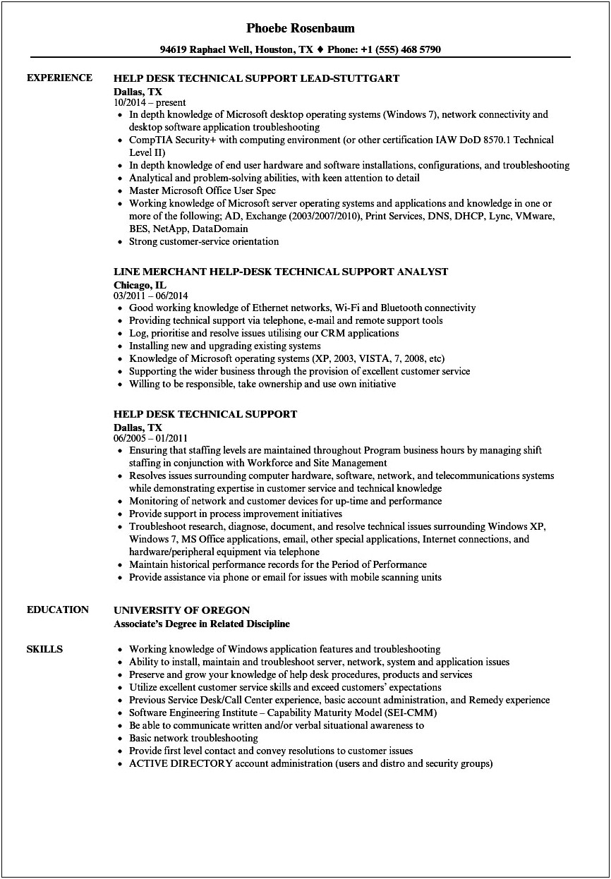 Help Desk Tier 1 Resume With No Experience
