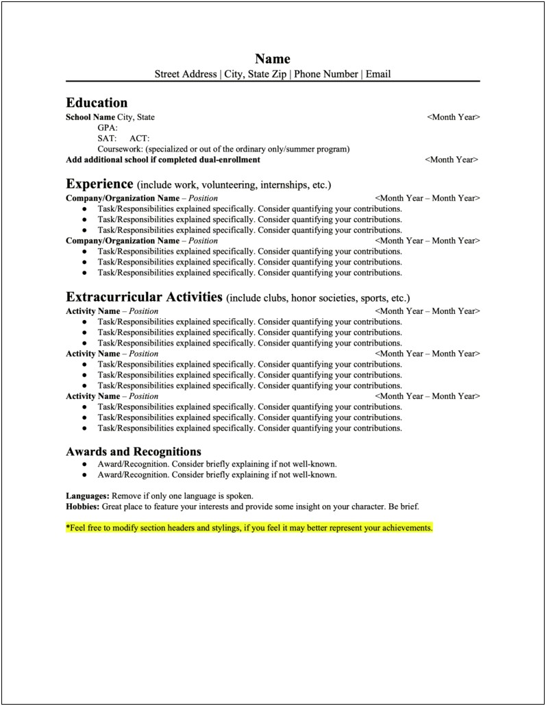 High School And College On Resume