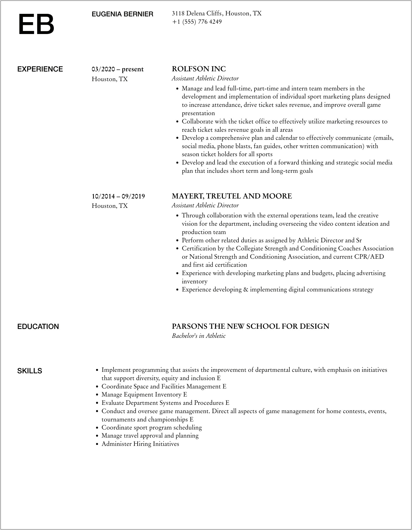 High School Assistant Athletic Director Resume Examples