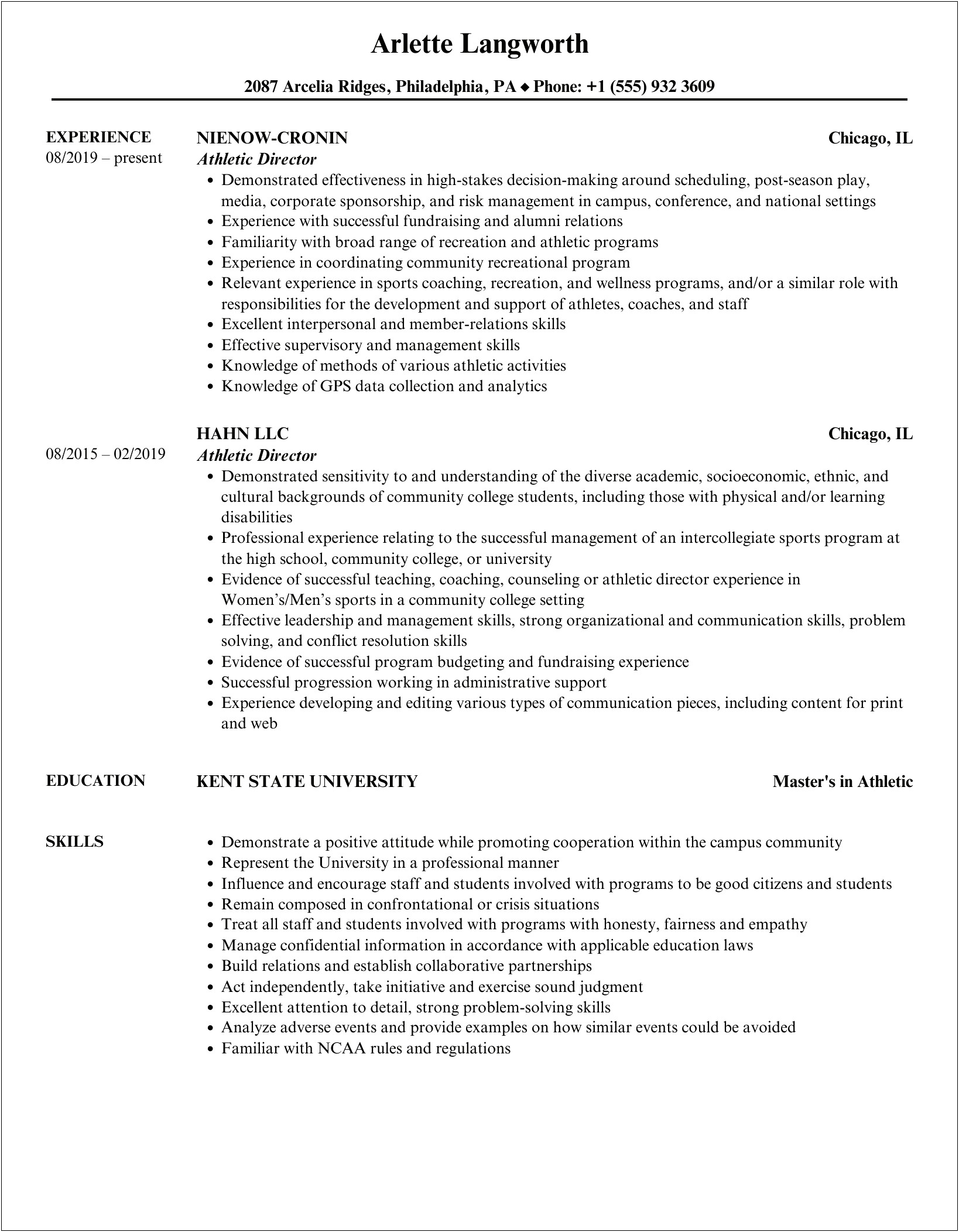 High School Athletic Director Resume References