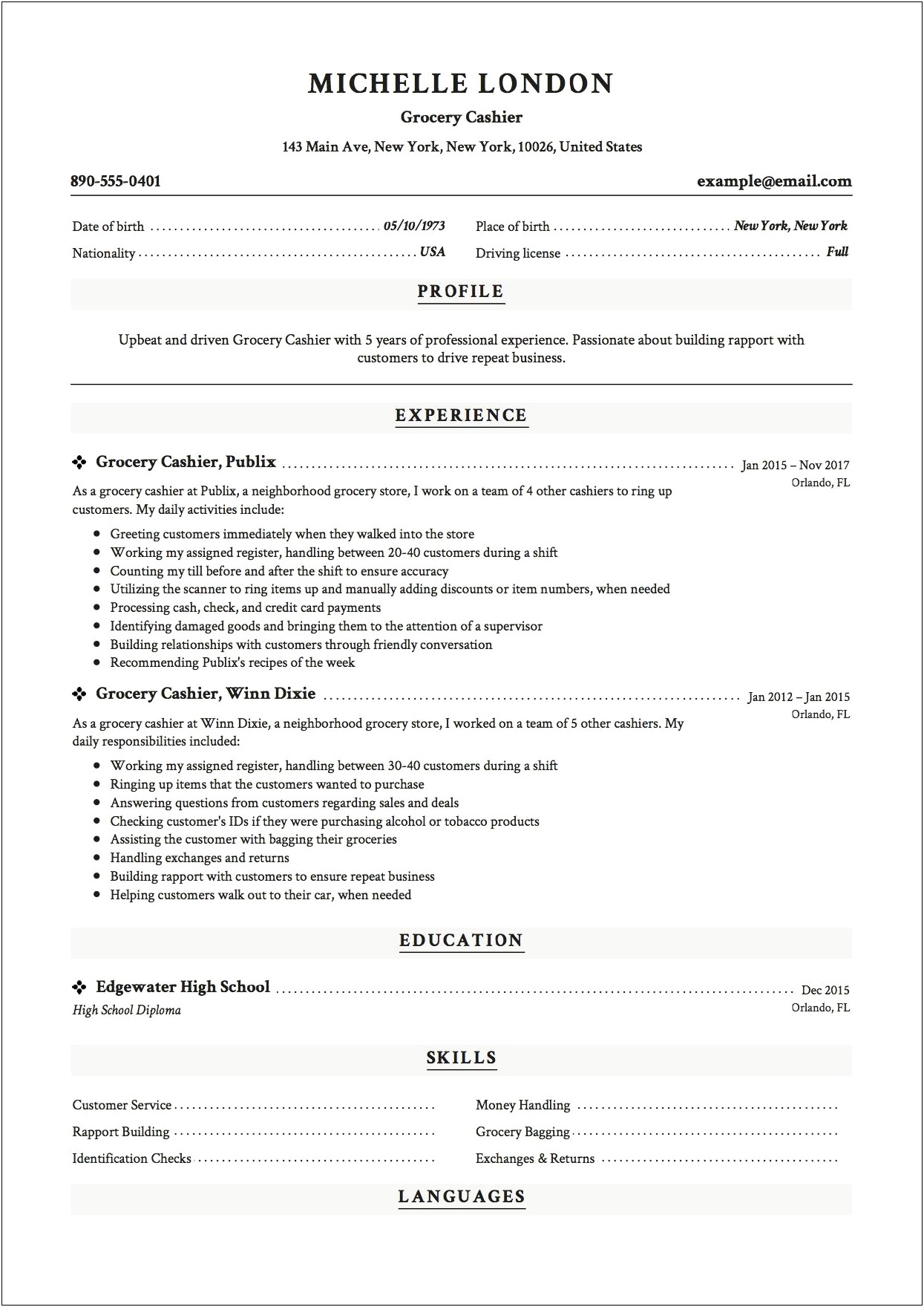 High School Grad Entry Level Resume Example Grocery