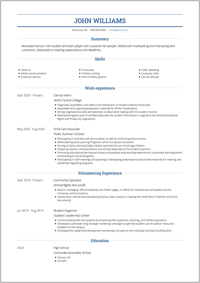 High School Into College Resume Examples