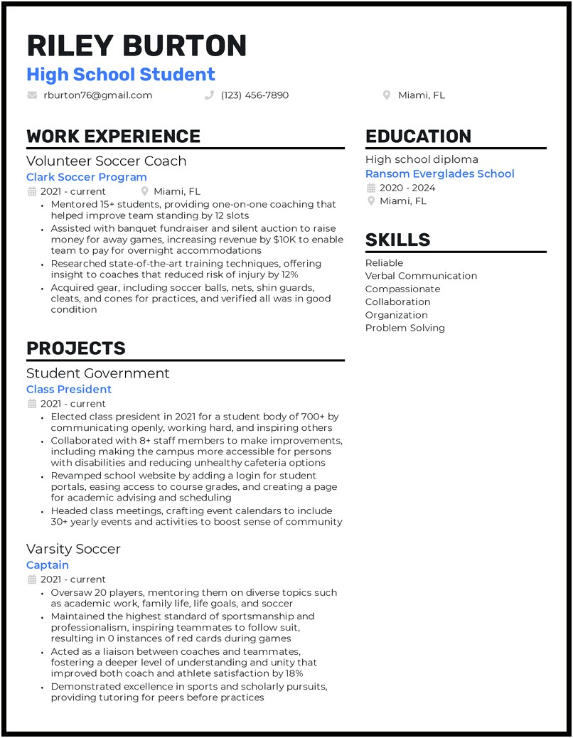 High School Resume Example For Sports