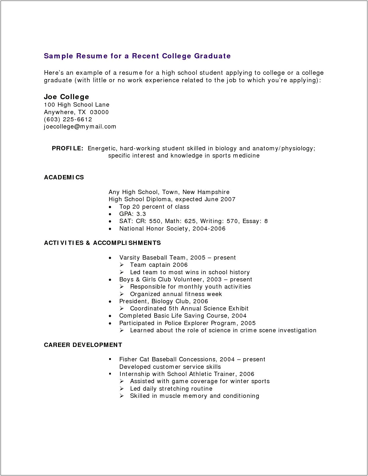 High School Resume For College Sports