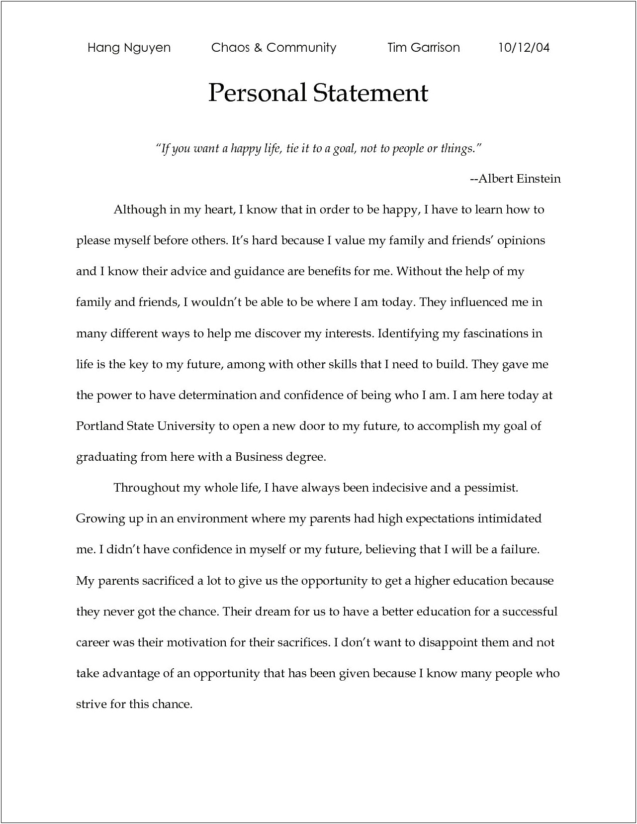 High School Resume Personal Statement Examples