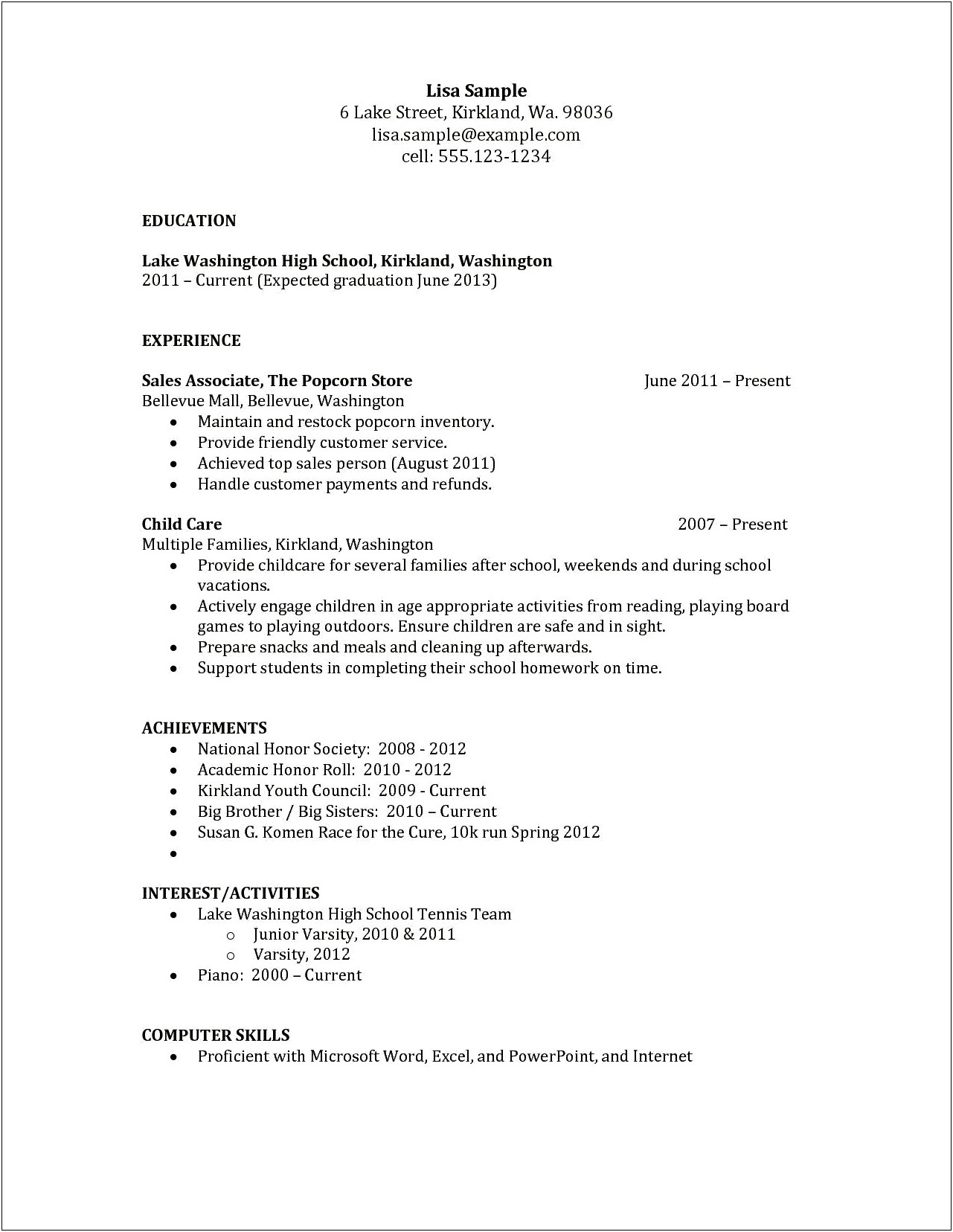 High School Resume Samples No Experience