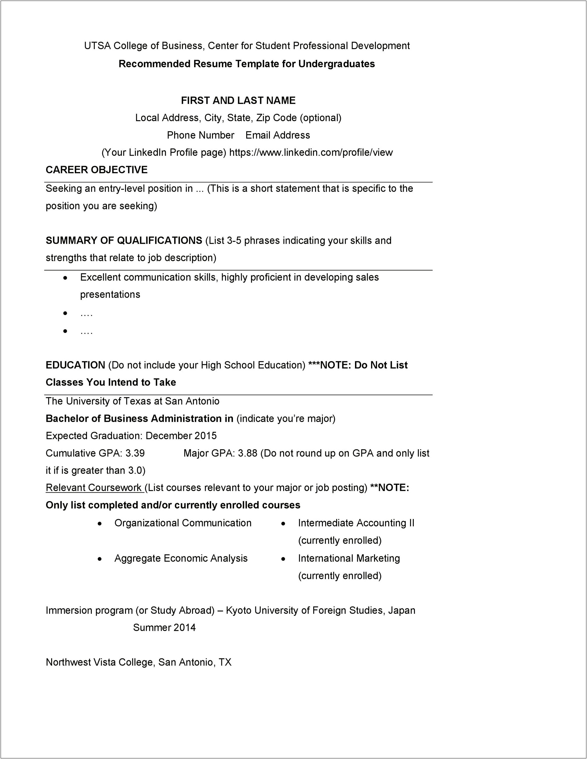 High School Resume Summary Statement Examples