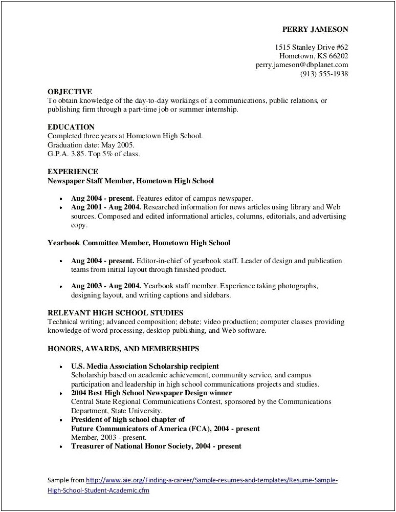 High School Student Job Resume Objective