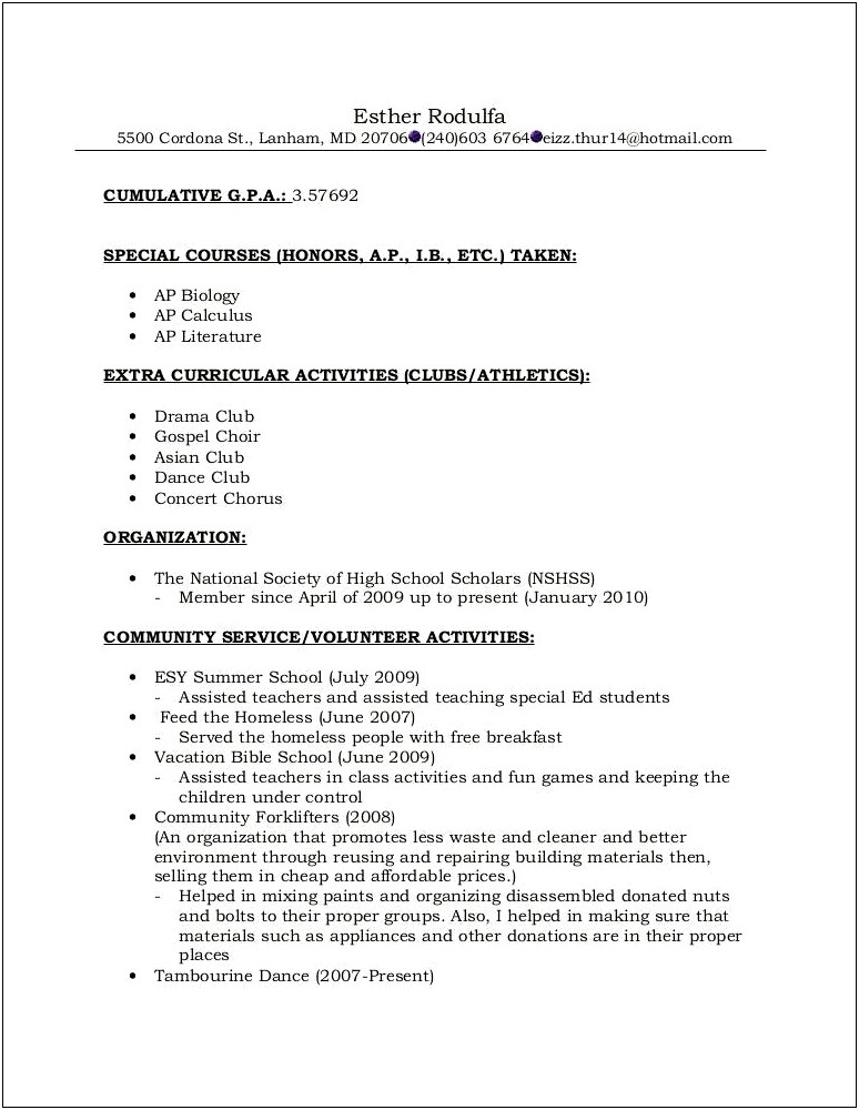 High School Student Resume Example For College