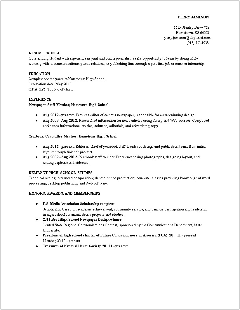 High School Student Resume For Part Time Job