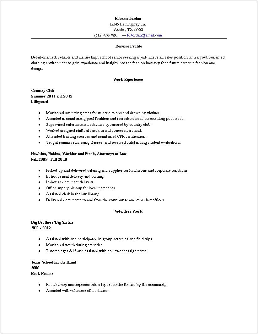 High School Student Resume Looking For Part Time