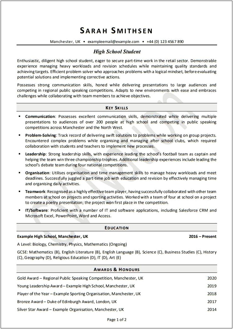 High School Student Summary Statement For Resume