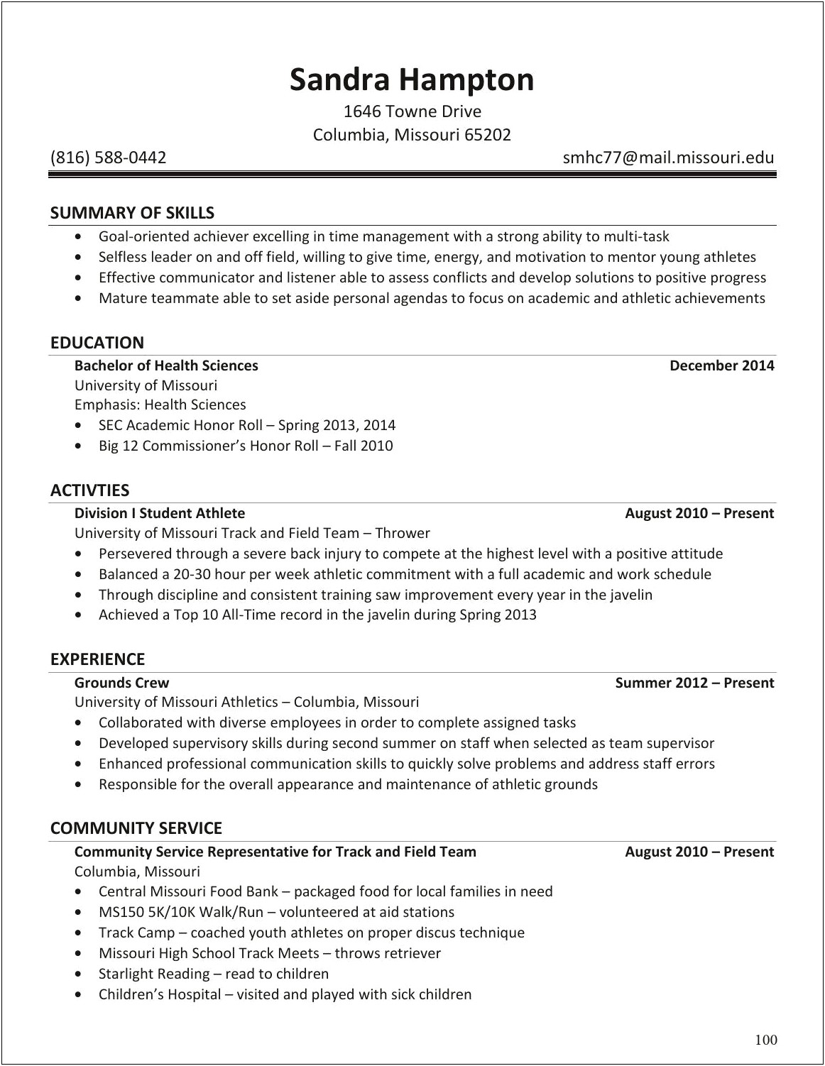 High School Track And Field Athletic Resume
