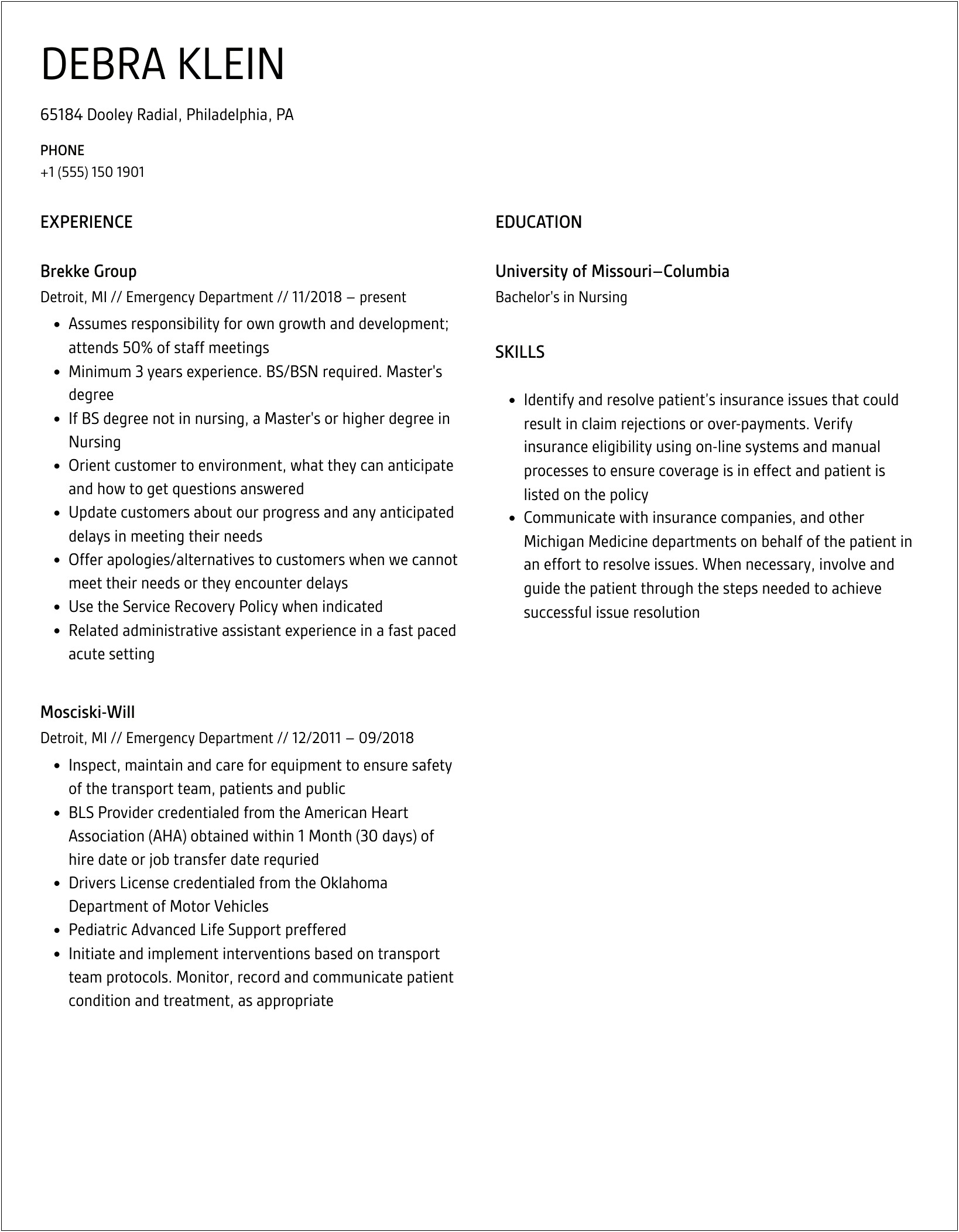 Highlhgint Emergency Medicine Experience On Resume Pa