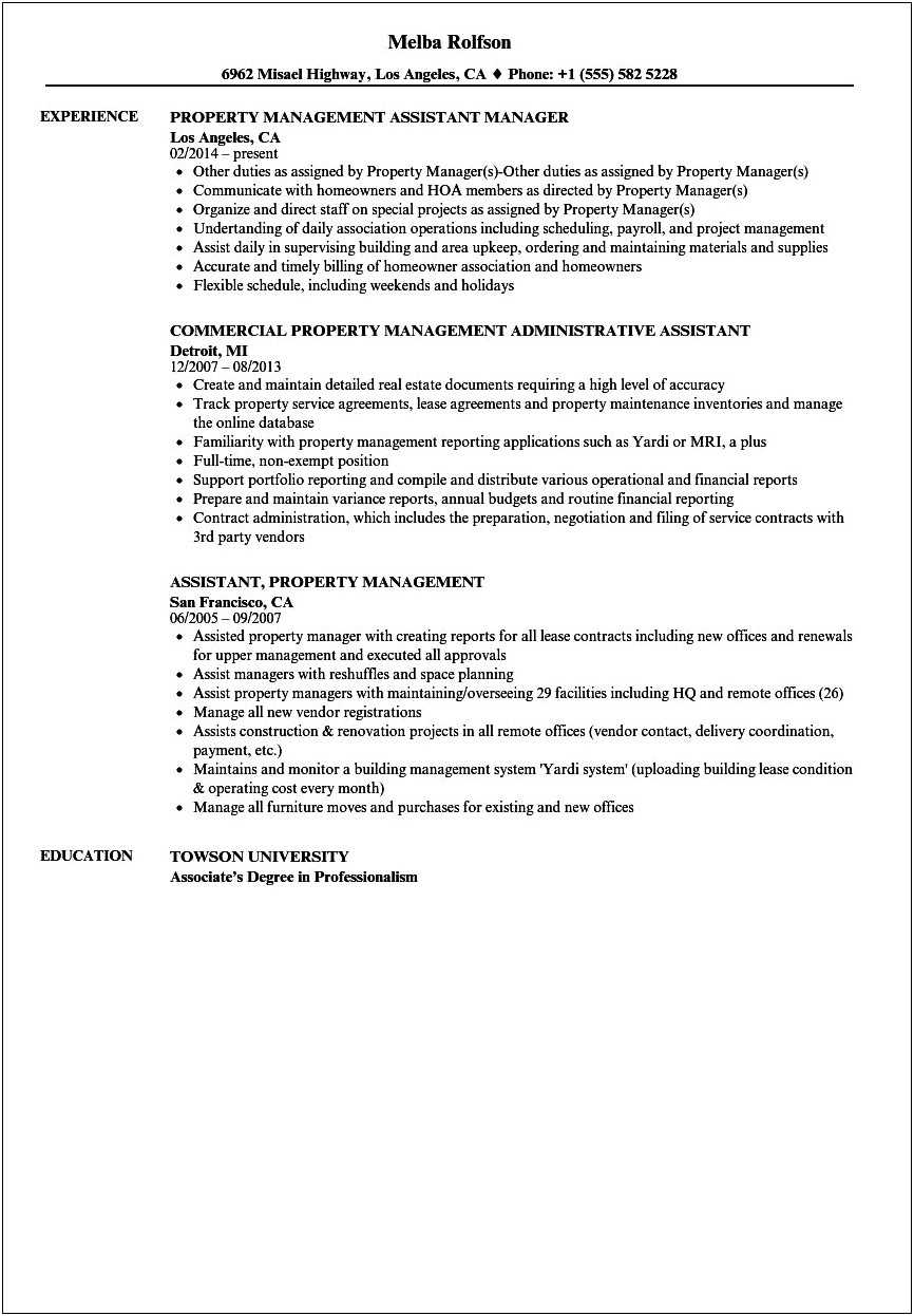 Highly Experienced Property Management Administrative Assistant Resume