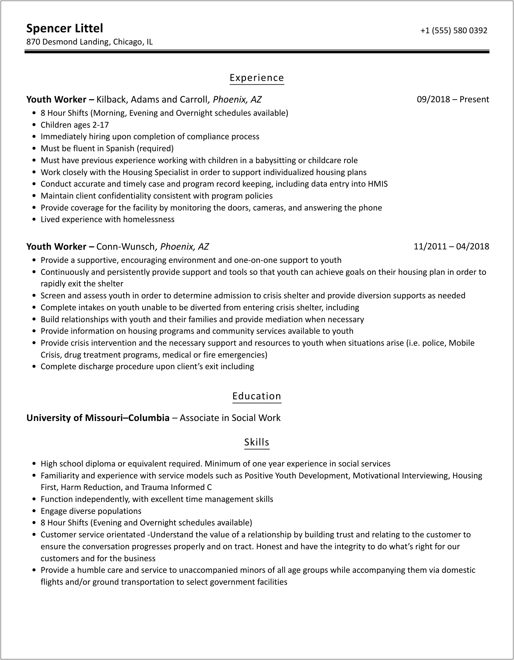 Home Care Worker To Youth Individual Resume
