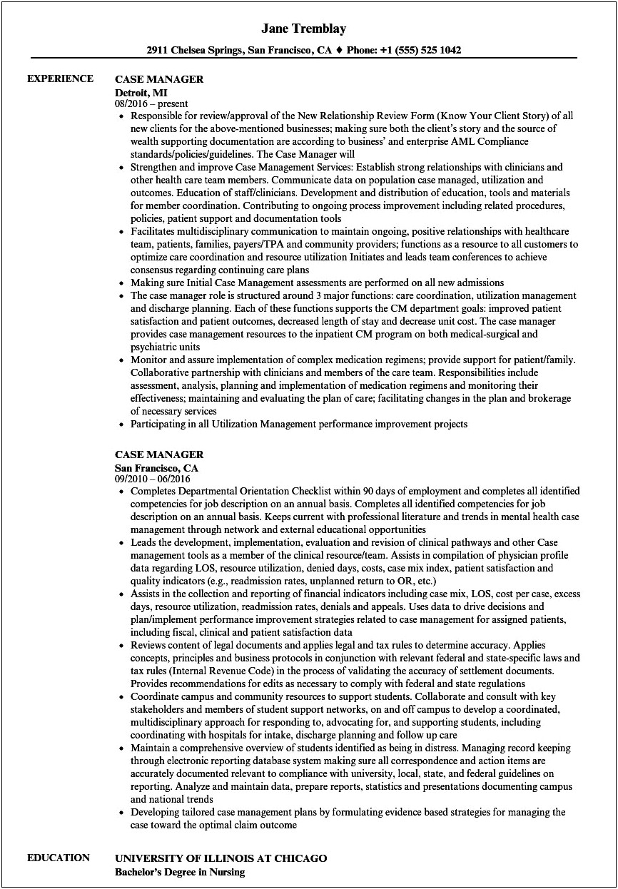 Home Health Agency Case Manager Resume