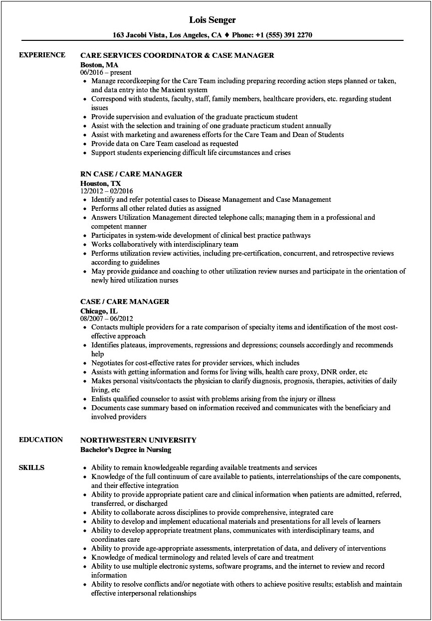 Home Health Care Case Manager Resume
