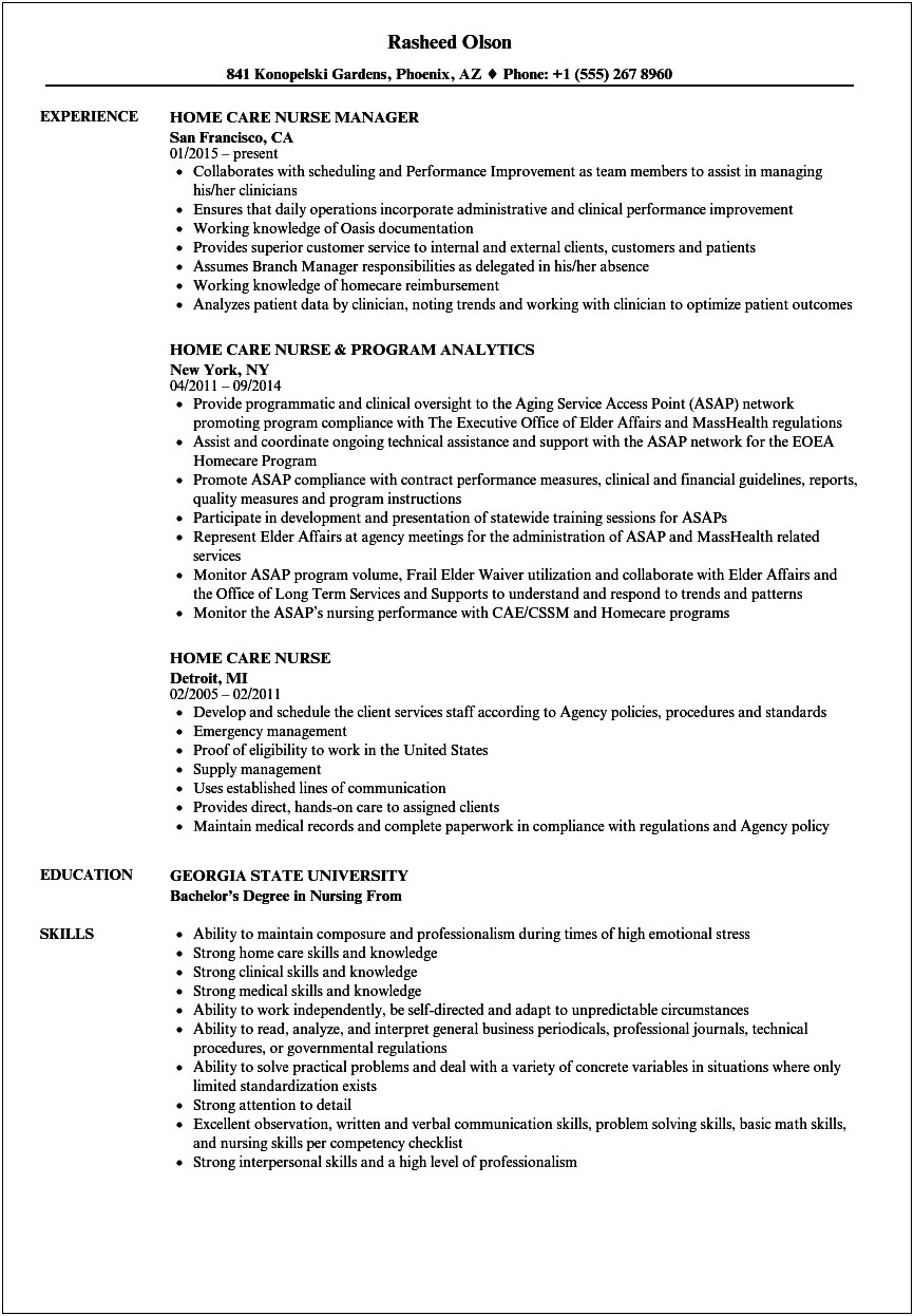 Home Health Care Rn Job Description For Resume