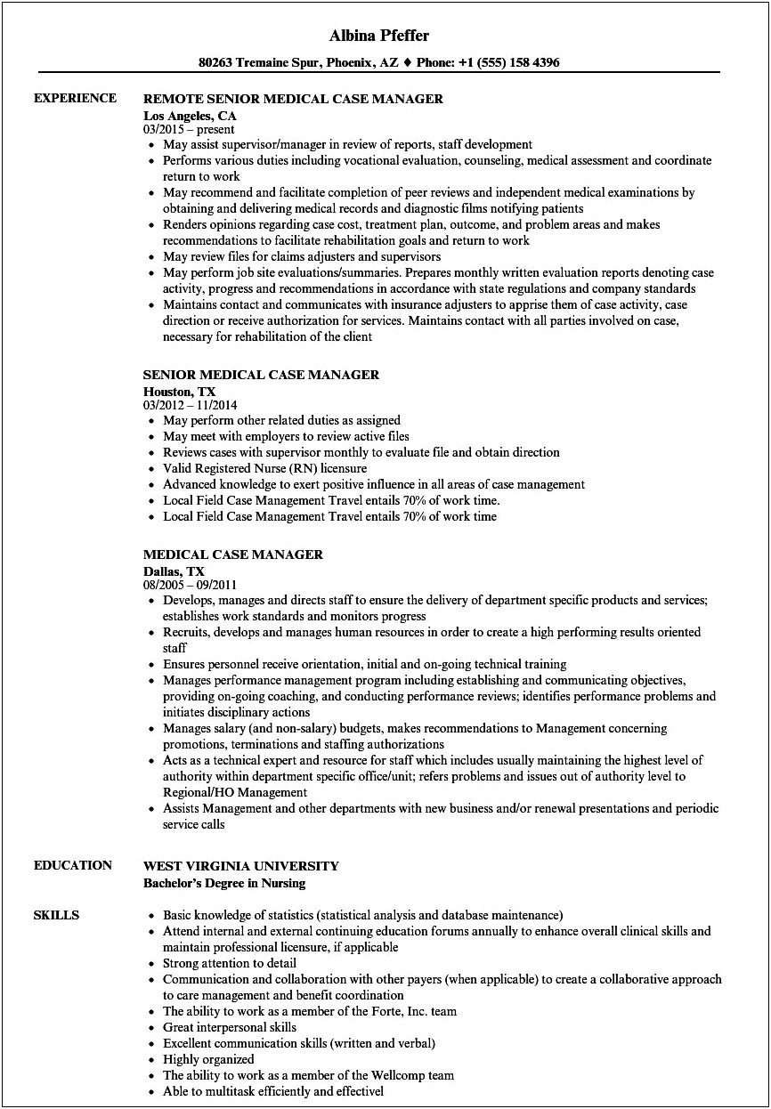 Home Health Case Manager Resume Samples