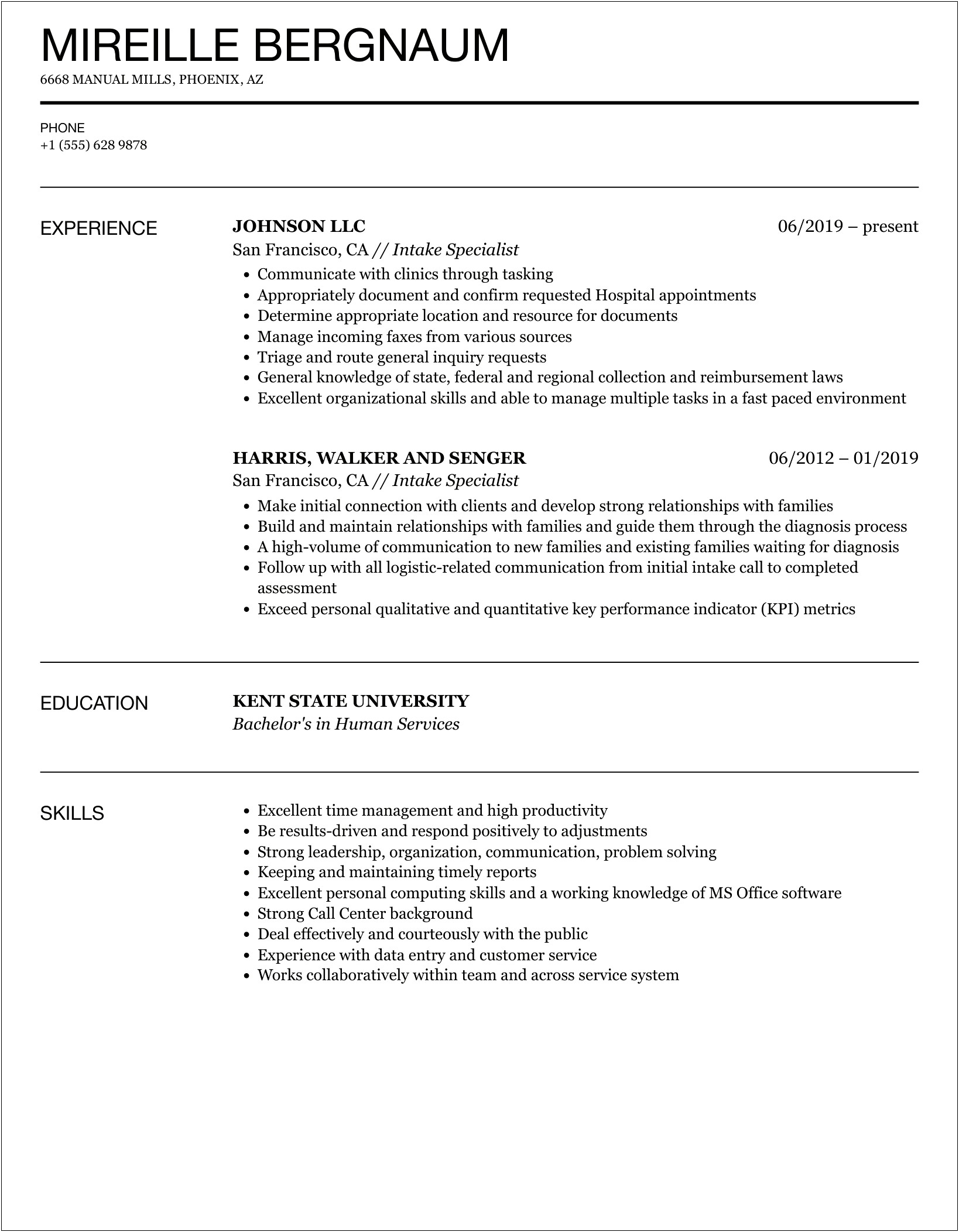 Home Health Intake Specialist Manager Resume Samples