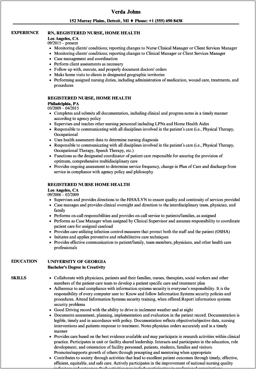 Home Health Job Description For Resume