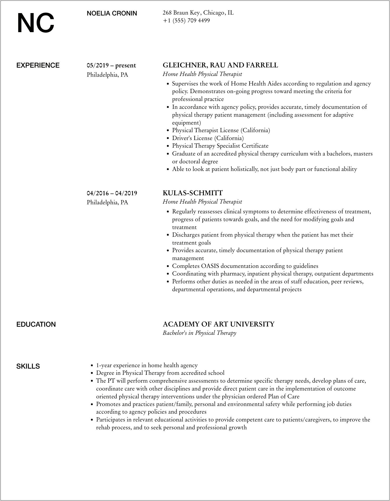 Home Health Resume For Pta Job Description