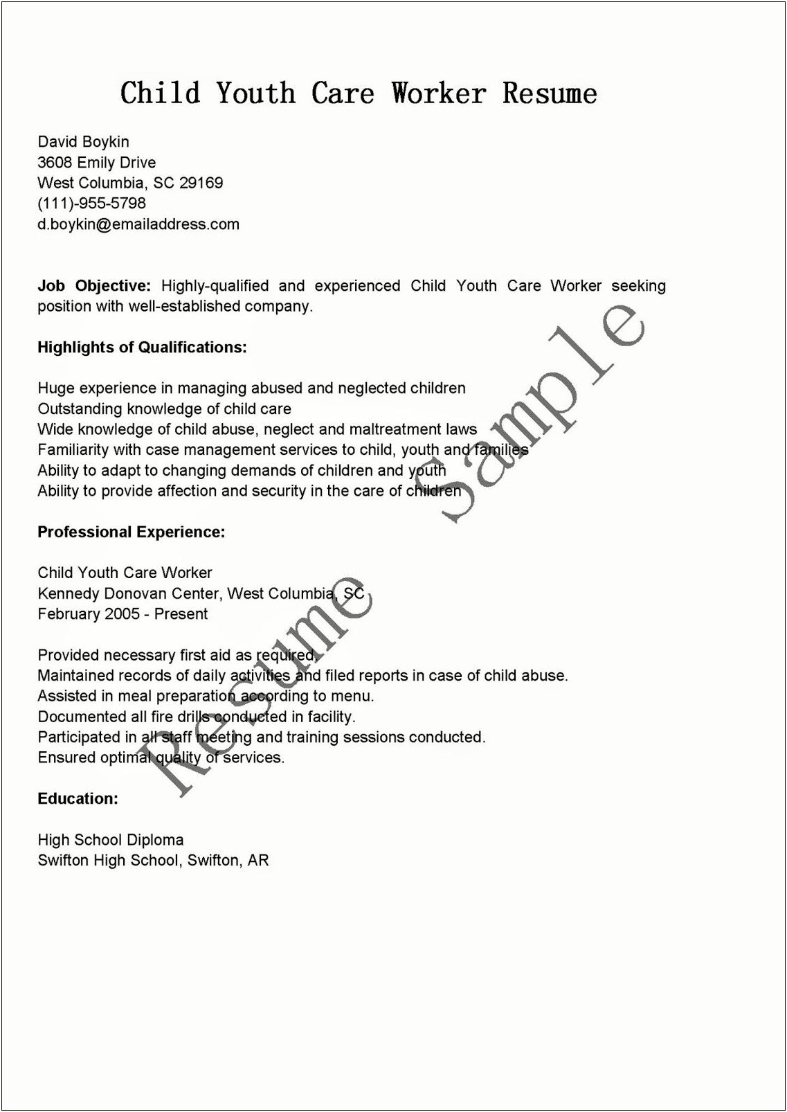 Home Youth Care Worker Individual Resume