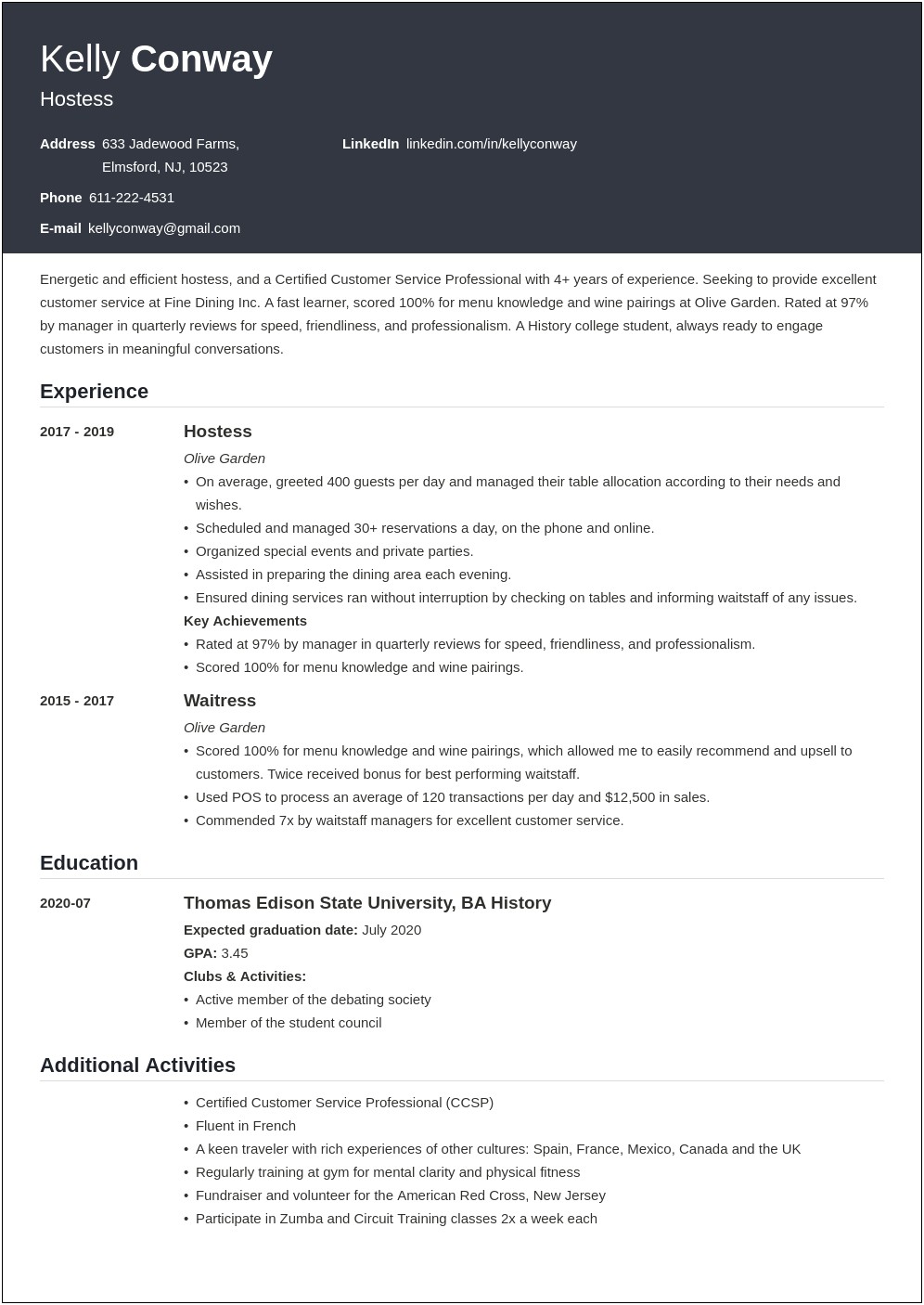 Host Server Job Description For Resume