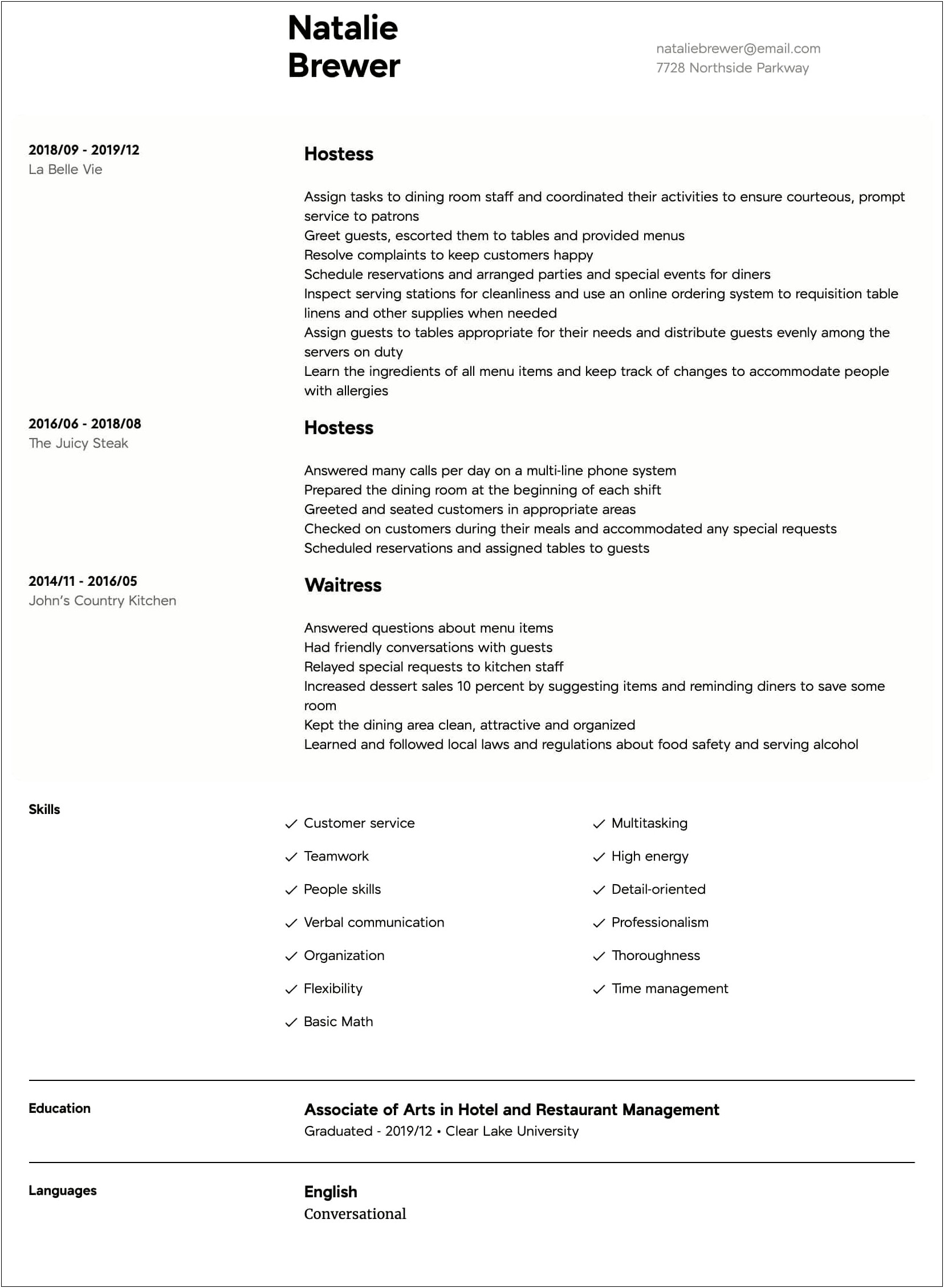 Hostess At A Restaurant Job Description Resume