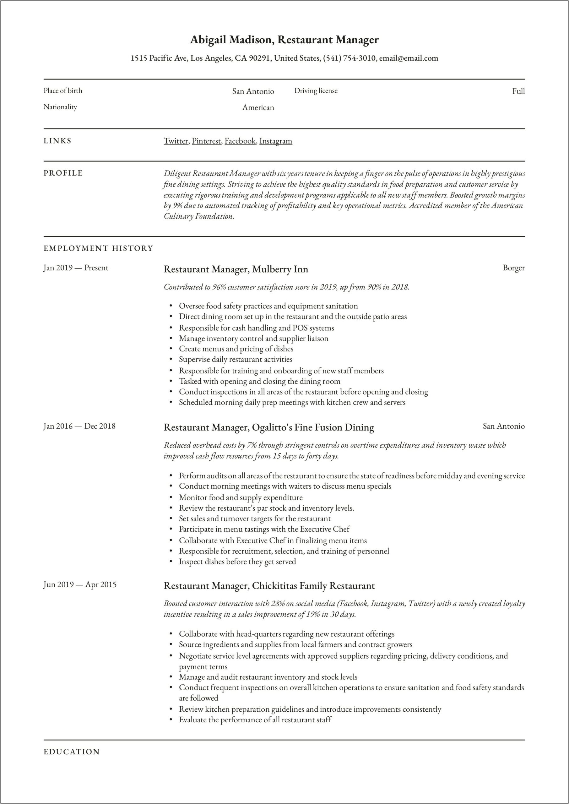 Hotel And Restaurant Management Resume Examples