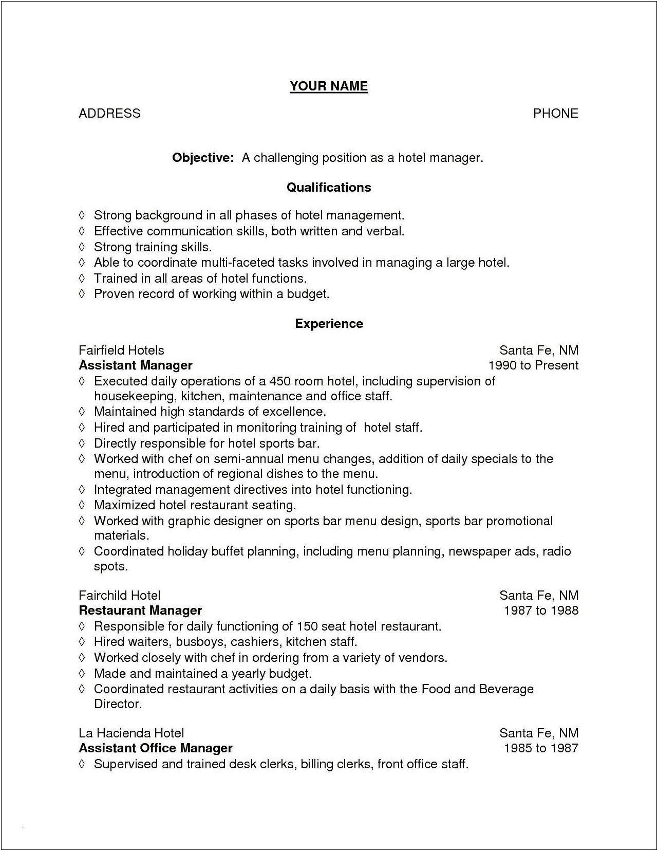 Hotel Assistant General Manager Resume Objective