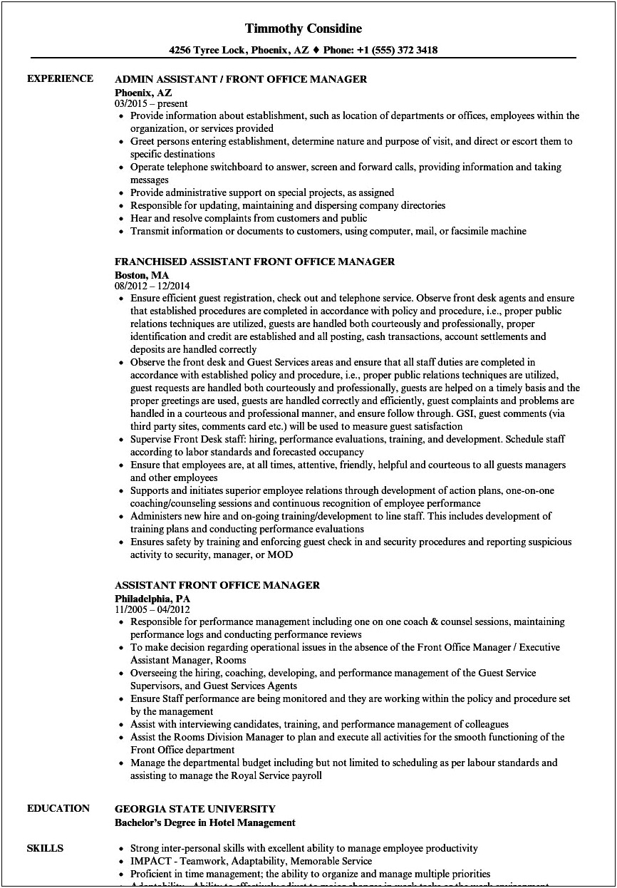 Hotel Assistant Manager Objective In A Resume