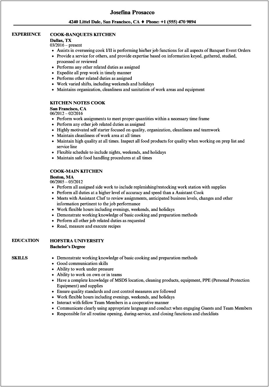 Hotel Cook Job Summary For Resume