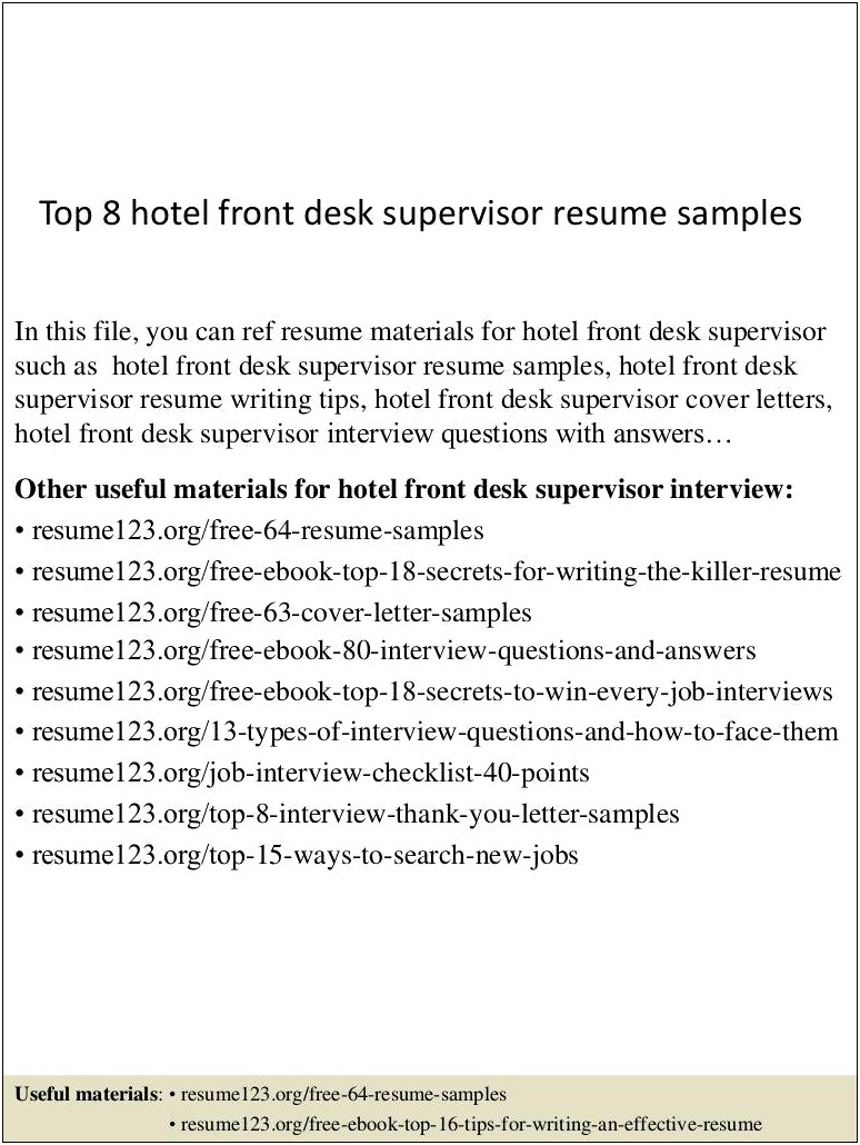 Hotel Front Desk Supervisor Resume Sample