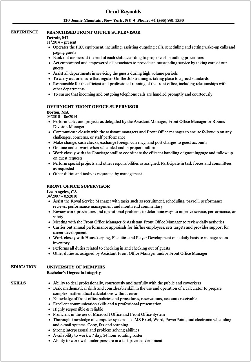 Hotel Front Office Manager Resume Example