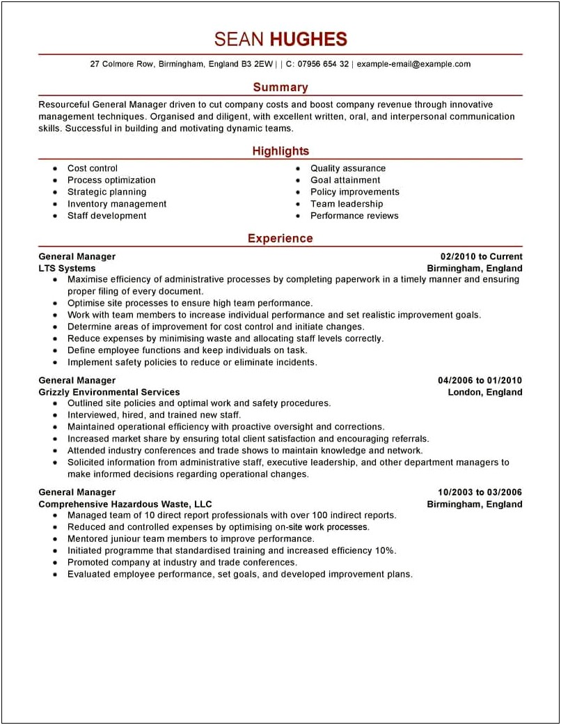 Hotel General Manager Job Description For Resume