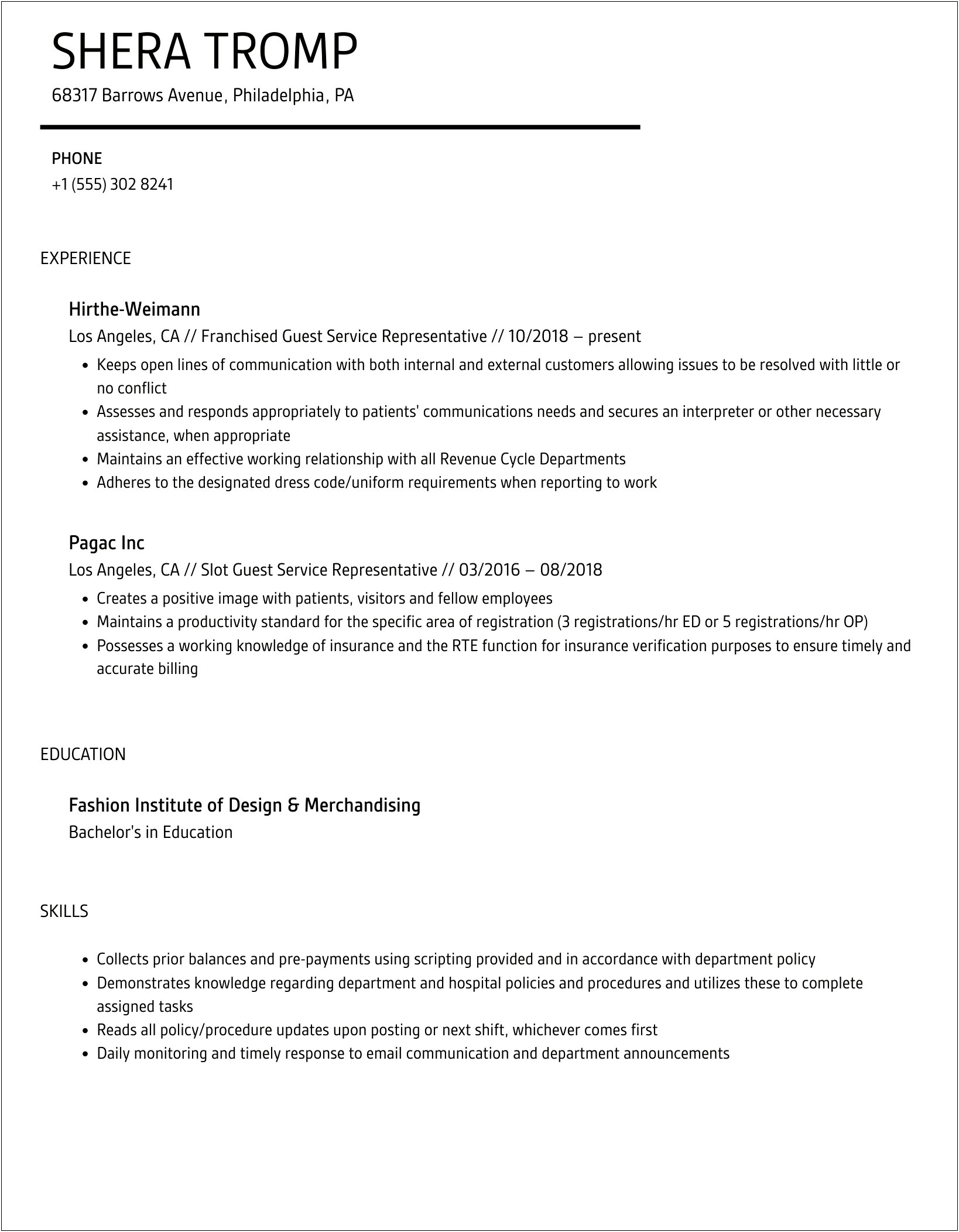Hotel Guest Service Agent Resume No Experience