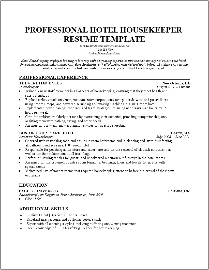 Hotel Housekeeping Resume With No Experience