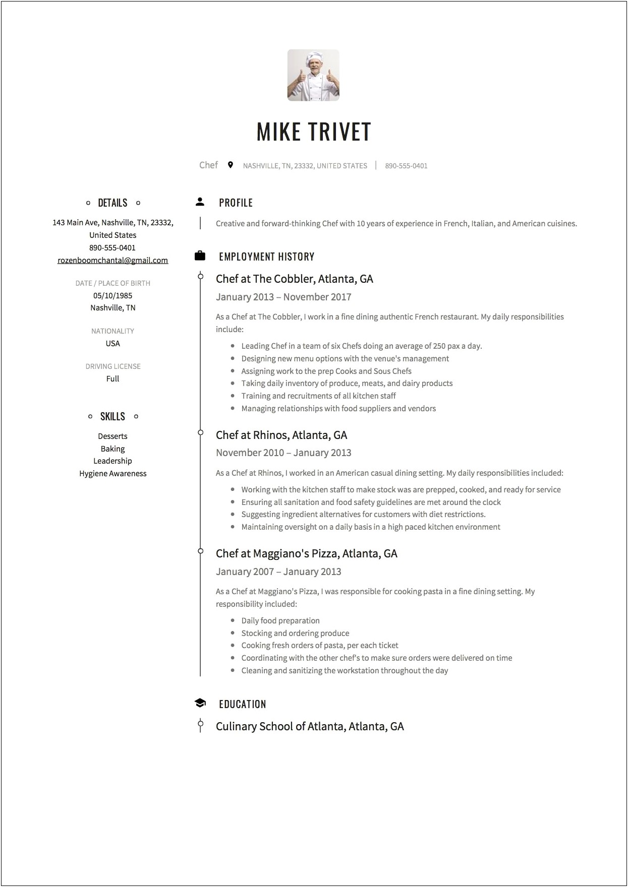 Hotel Management Resume Format For Chef