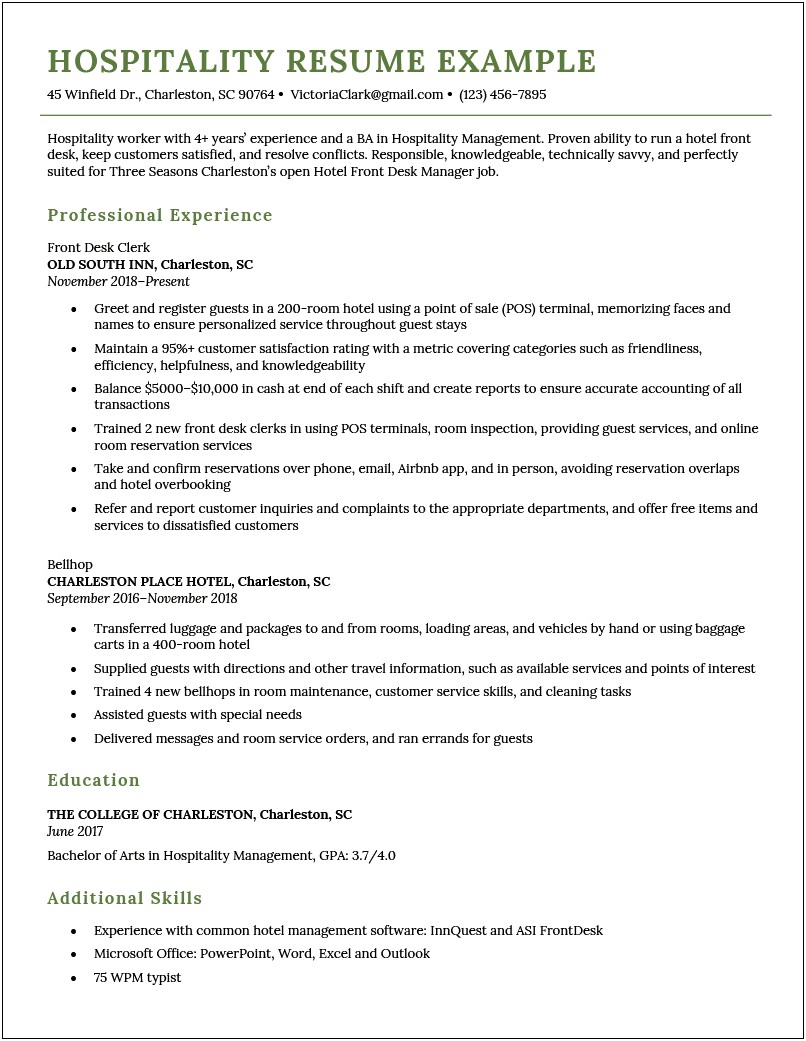 Hotel Operation Manager Job Description Resume