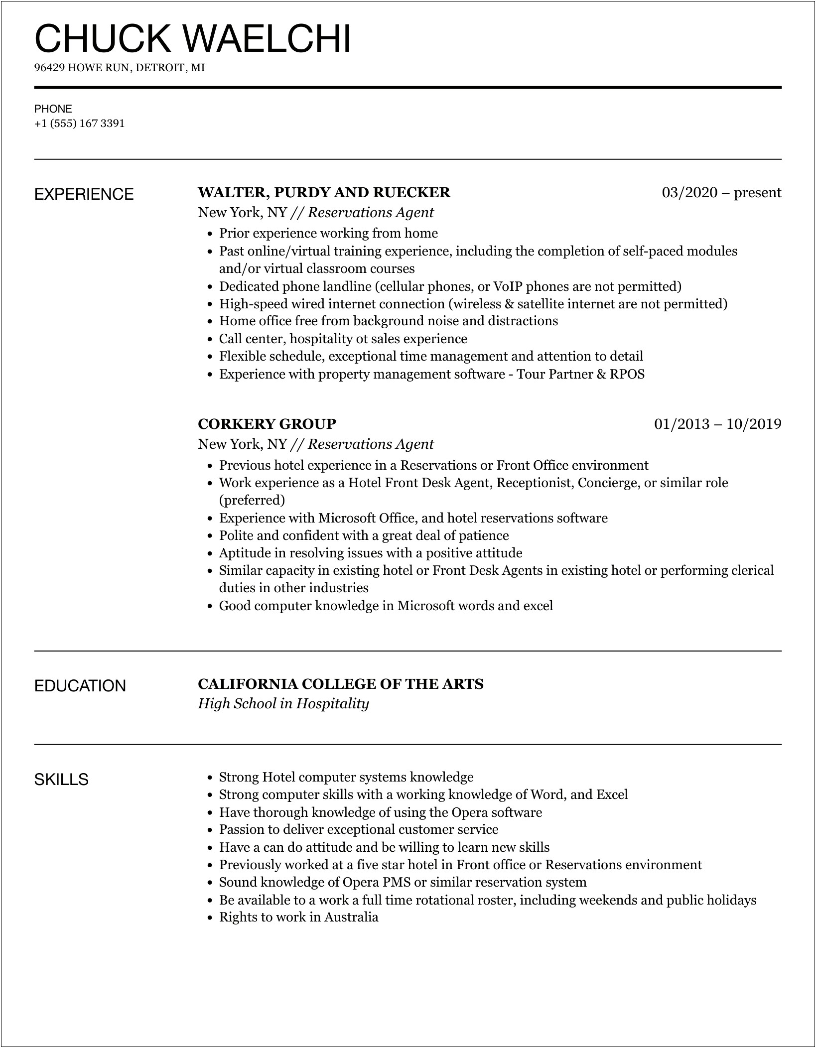 Hotel Reservation Agent Job Description Resume